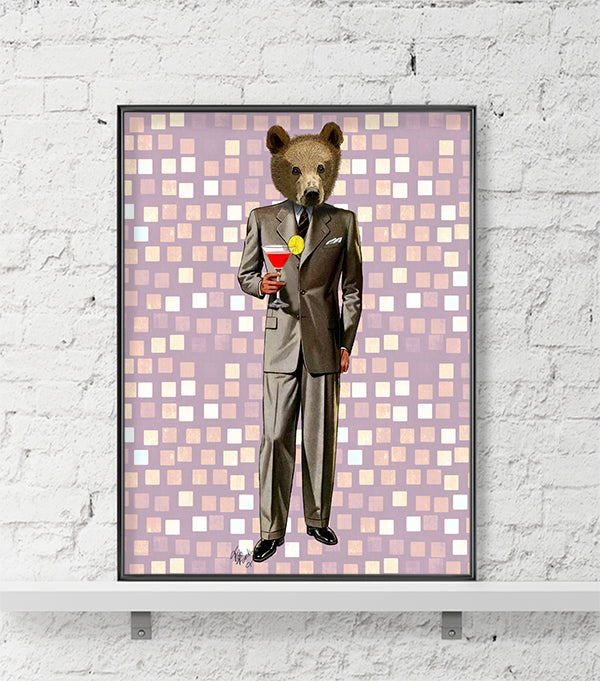 Bear With Cocktail, Animal Art Print, Wall Art