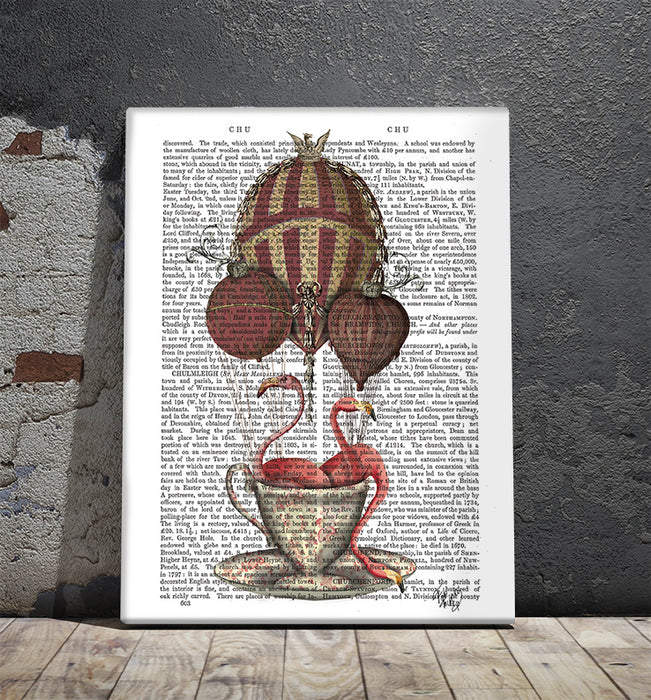 Flamingos in Teacup Hot Air Balloon, Book Print, Art Print, Wall Art