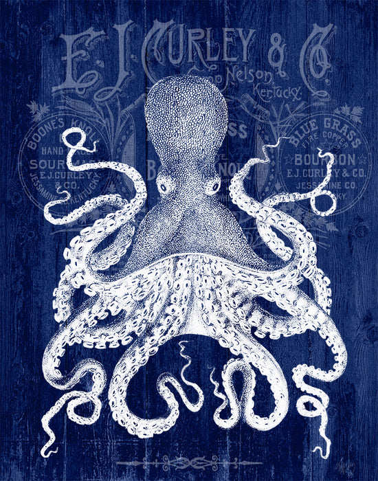 Octopus, Prohibition Octopus Red White or Blue, Nautical print, Coastal art