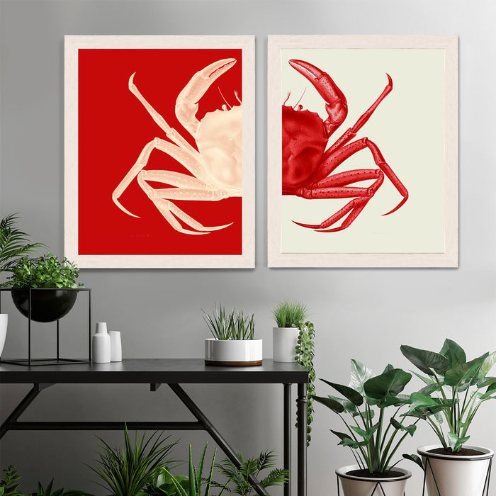 Collection - 2 Prints, Contrasting Crab in Indigo Blue, Navy Blue or Red, Nautical print, Coastal art