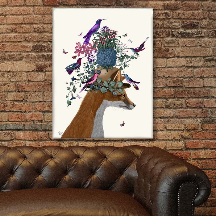 Fox Birdkeeper with Pineapple, Art Print, Canvas Wall Art
