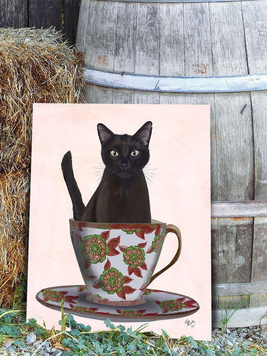 Black Cat in Teacup, Art Print, Canvas Wall Art