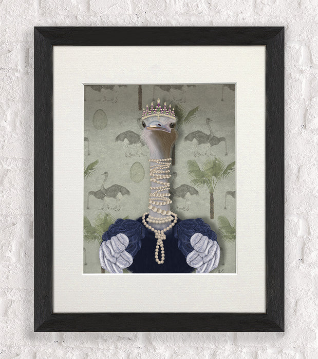 Ostrich and Pearls, Portrait, Bird Art Print, Wall Art