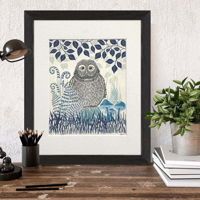 Country Lane Owl 2, Blue, Art Print