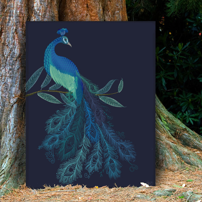 Peacock with Doodle Tail on Blue , Art Print, Wall Art