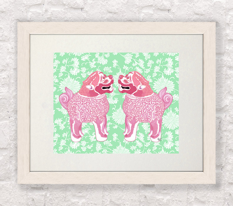 Foo Dog Twins Pink and Green Chinoiserie Art Print