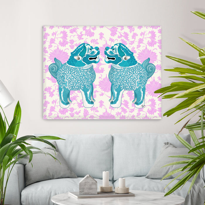 Foo Dog Twins Turquoise and Pink Chinoiserie Art Print