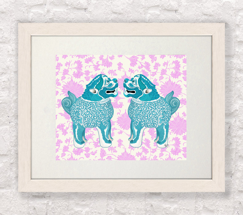 Foo Dog Twins Turquoise and Pink Chinoiserie Art Print
