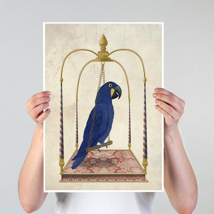Blue Parrot on Swing, Bird Art Print, Canvas, Wall Art