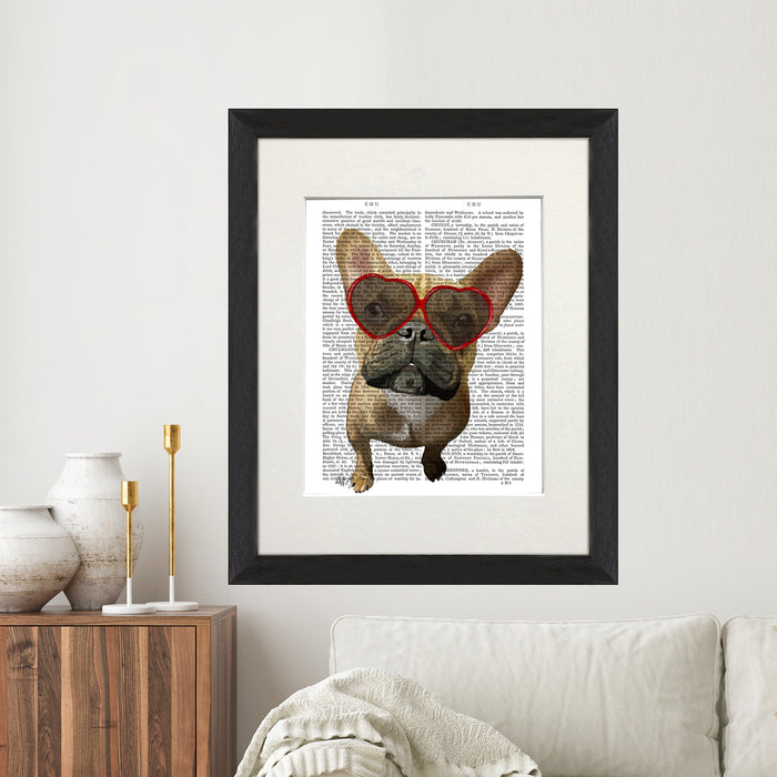 French Bulldog in Heart Glasses Book Print, Art Print, Wall Art