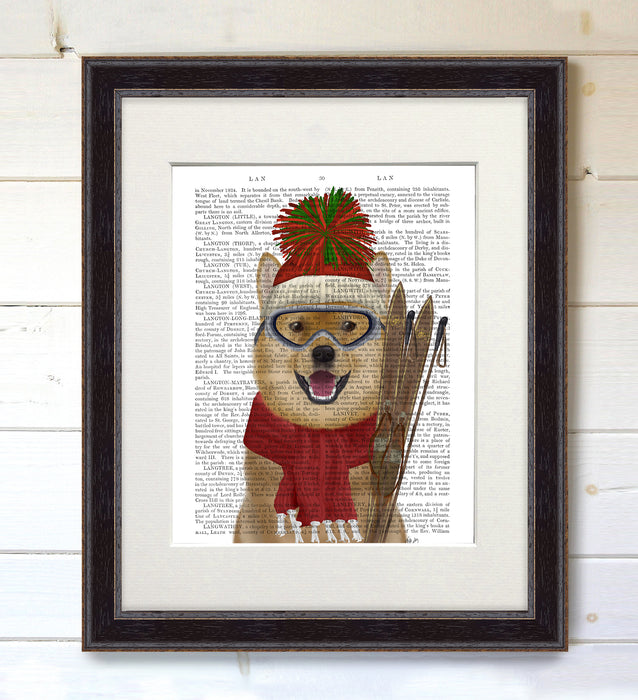 Shiba Inu Ski Dog Book Print, Art Print, Wall Art