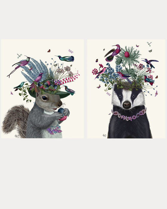 Collection - 2 prints, Squirrel and Badger Bird-keeper Art Print, Canvas Wall Art