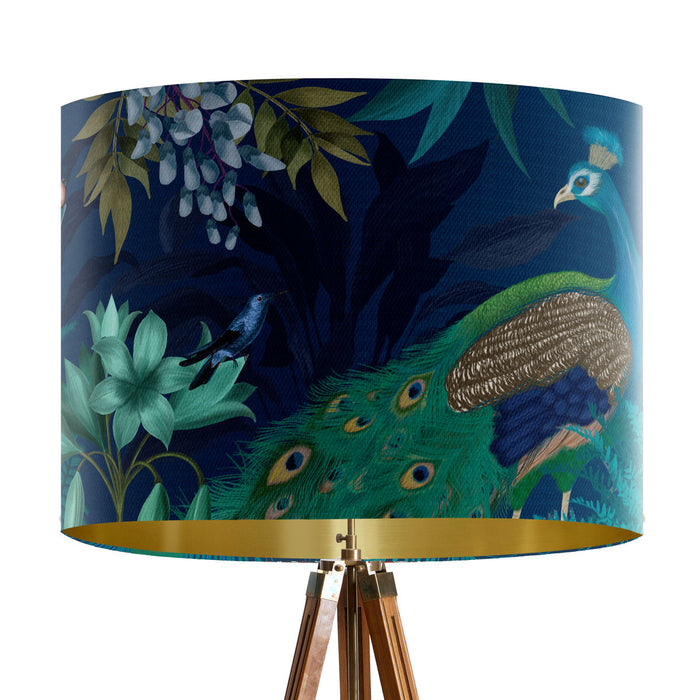 Peacock Garden, Blue, Gold lined Lampshade