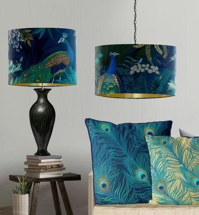 Peacock Garden, Blue, Gold lined Lampshade