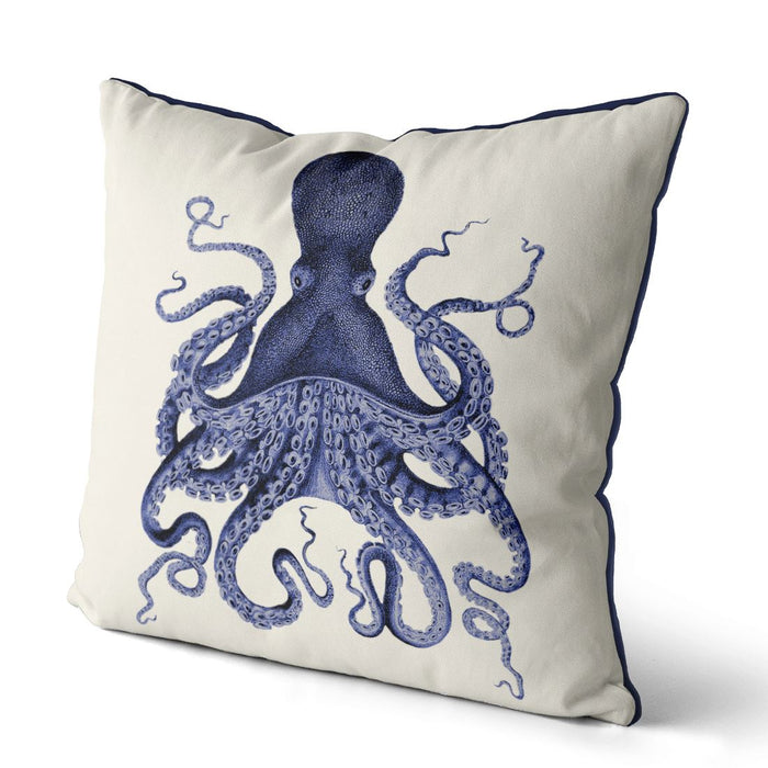 Blue Octopus 3, Blue & White Coastal Cushion / Throw Pillow