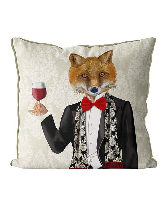 Fox in Black Jacket with Wine, Cushion / Throw Pillow