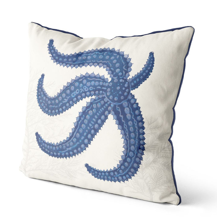 Starfish and Seaweed, Blue on Cream, Cushion / Throw Pillow