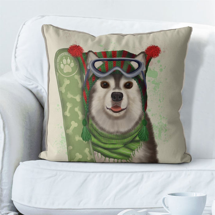 Husky Snowboard, Skiing Cushion / Throw Pillow