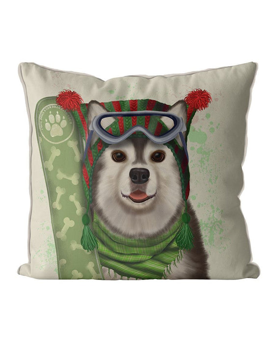 Husky Snowboard, Skiing Cushion / Throw Pillow
