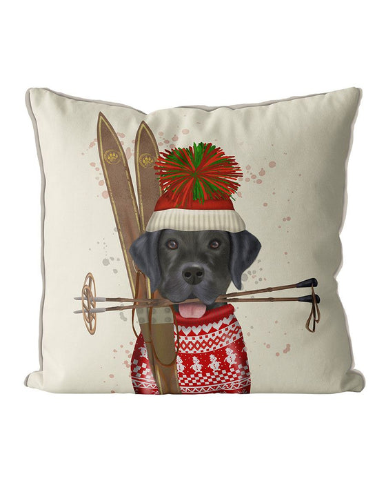 Black Labrador, Skiing, Cushion / Throw Pillow