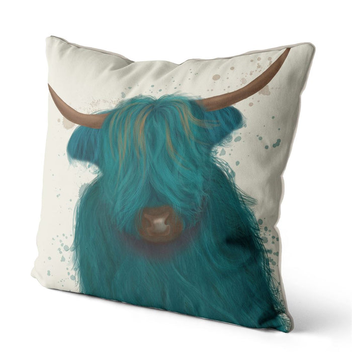 Highland Cow 3, Turquoise, Portrait, Cushion / Throw Pillow