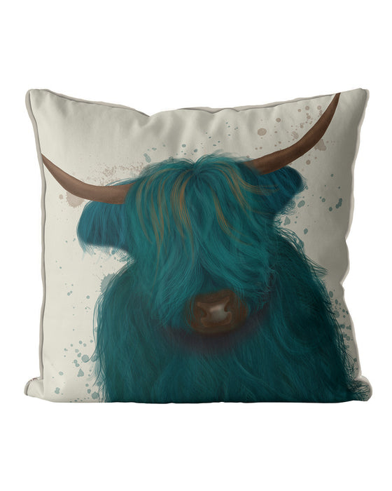Highland Cow 3, Turquoise, Portrait, Cushion / Throw Pillow