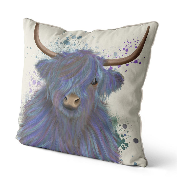 Highland Cow 1, Blue Portrait, Cushion / Throw Pillow