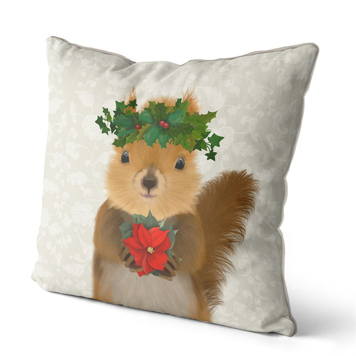 Squirrel and Holly Crown, Christmas Cushion / Throw Pillow