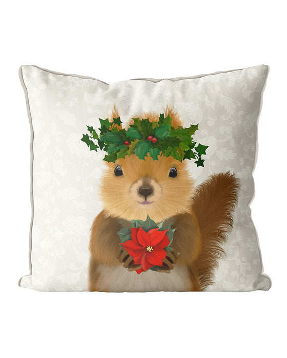 Squirrel and Holly Crown, Christmas Cushion / Throw Pillow