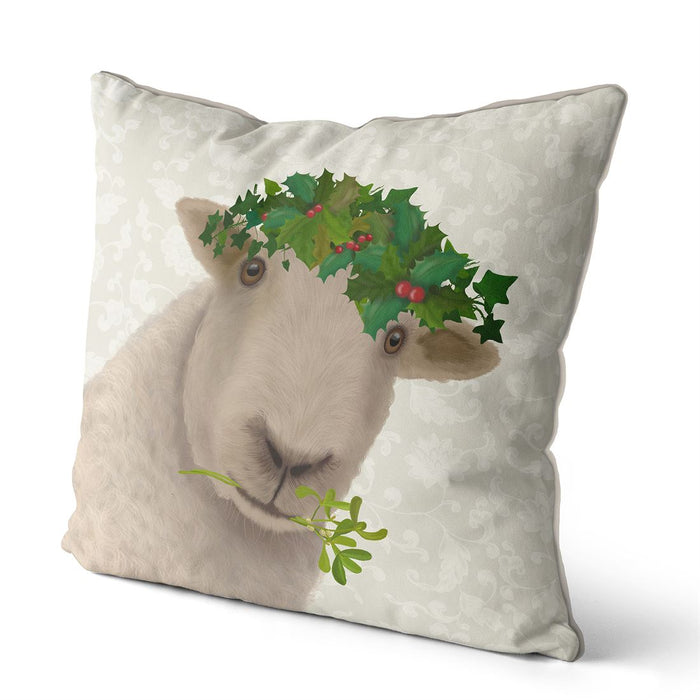 Sheep and Holly Crown, Christmas Cushion / Throw Pillow