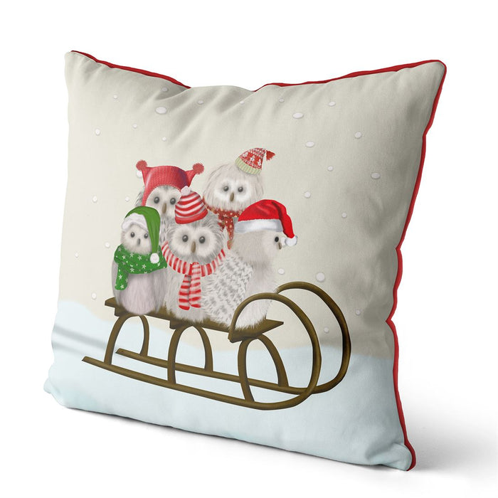 Owls Sledding in Snow, Christmas Cushion / Throw Pillow