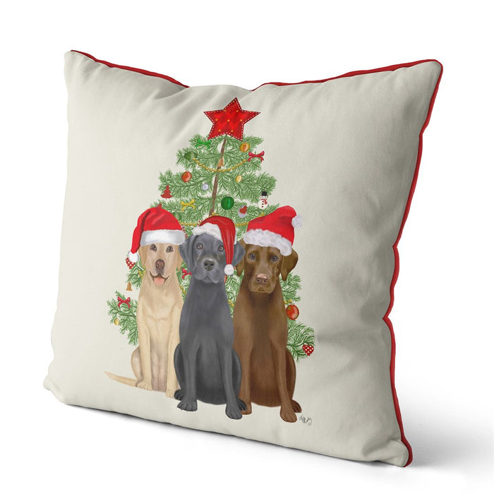Labrador Trio and Christmas Tree, Cushion / Throw Pillow