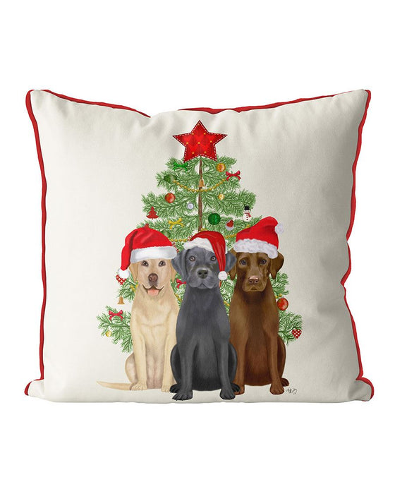 Labrador Trio and Christmas Tree, Cushion / Throw Pillow