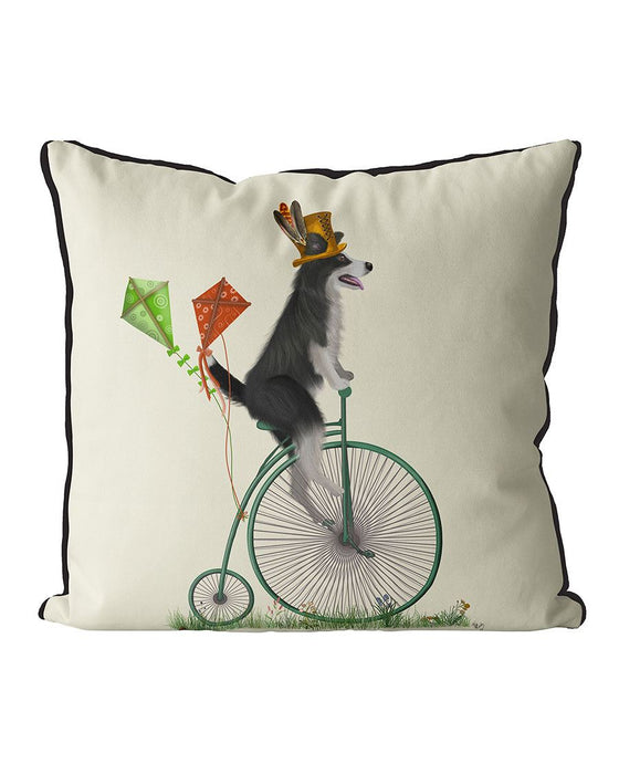 Border Collie Black and White on Penny Farthing, Cushion / Throw Pillow