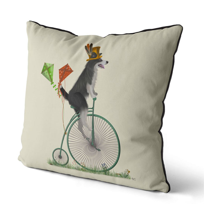 Border Collie Black and White on Penny Farthing, Cushion / Throw Pillow