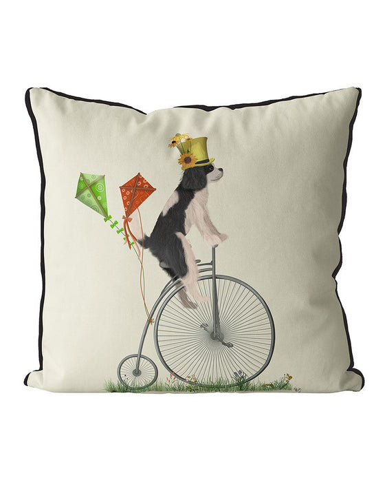 Cavalier Spaniel Black White on Penny Farthing, Cushion / Throw Pillow