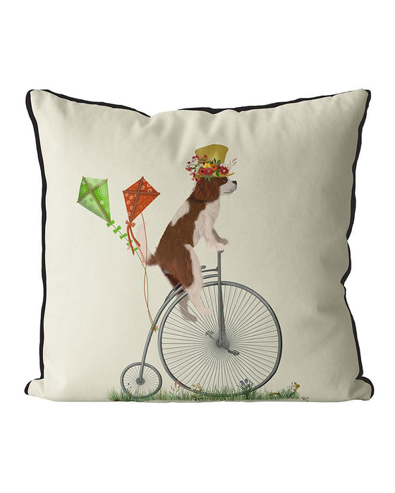 Cavalier Spaniel Brown and White on Penny Farthing, Cushion / Throw Pillow