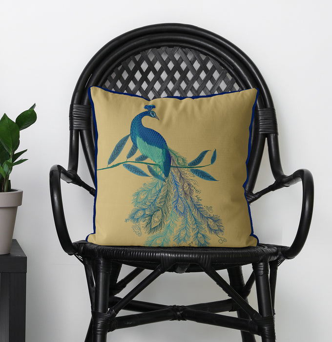 Peacock with Doodle Tail on Blue or Gold Bird Cushion / Throw Pillow