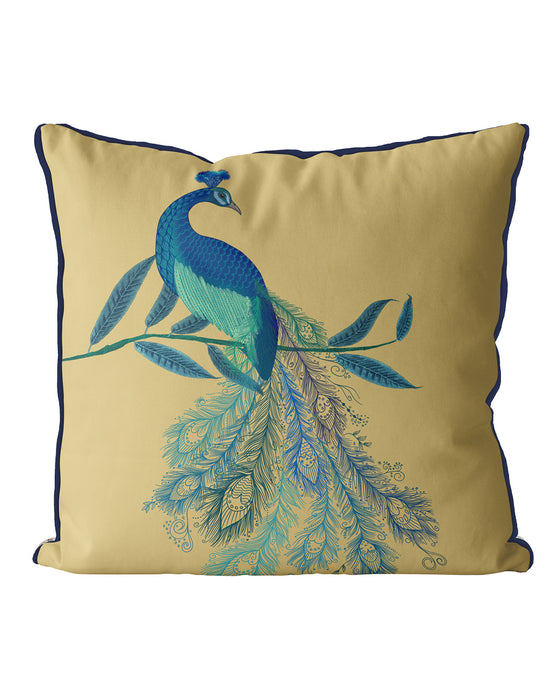 Peacock with Doodle Tail on Blue or Gold Bird Cushion / Throw Pillow