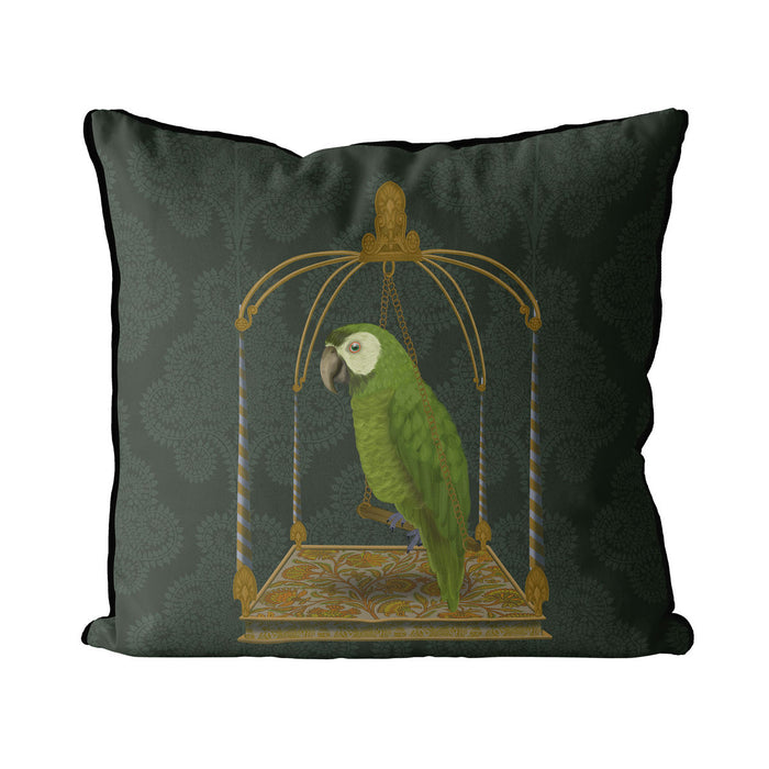 Green Parrot on swing, Bird Cushion / Throw Pillow