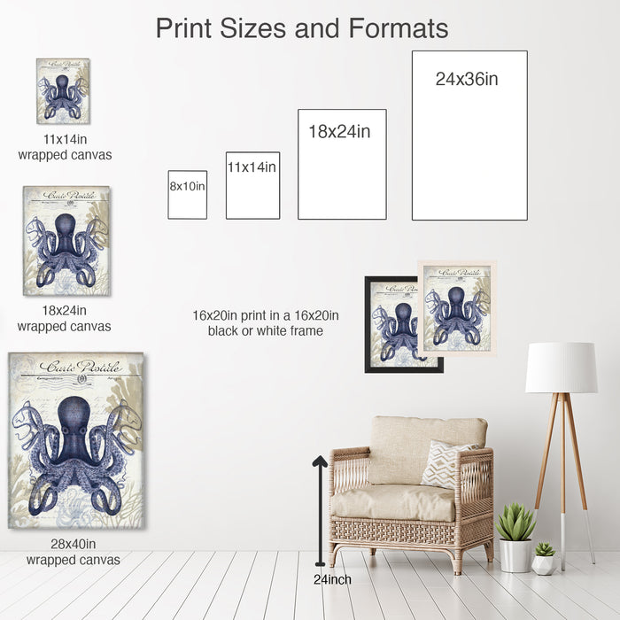 Collection - 2 Prints, Octopus, Navy Blue and Cream or Other Colour Options, Nautical print, Coastal art