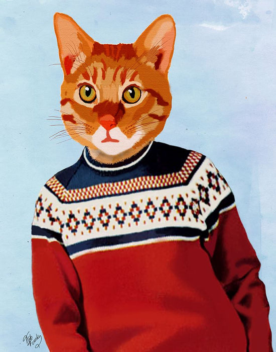Cat in Ski Sweater, Art Print, Canvas Wall Art | FabFunky