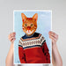 Cat in Ski Sweater, Art Print, Canvas Wall Art | Print 14x11inch