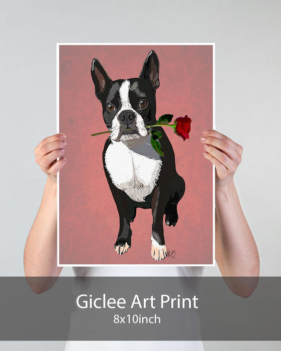 Boston Terrier with Rose in Mouth, Dog Art Print, Wall art | Canvas 18x24inch