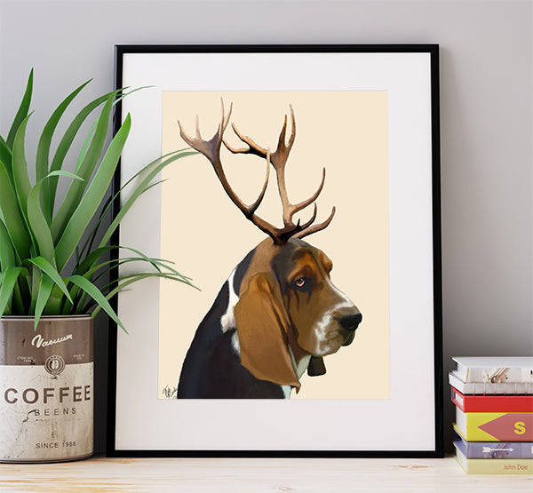 Basset Hound and Antlers, Dog Art Print, Wall art | Print 14x11inch