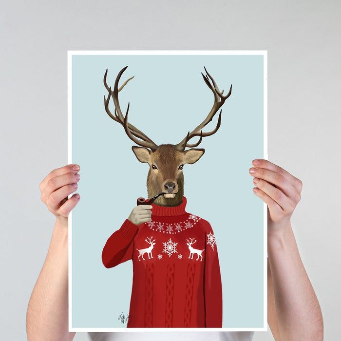 Deer in Ski Sweater, Art Print, Canvas Wall Art | Framed White