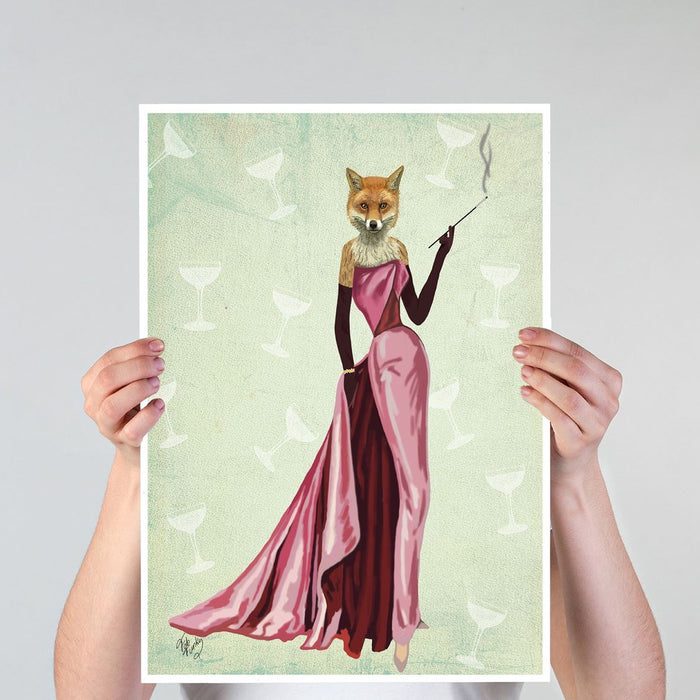 Glamour Fox in Pink, Art Print, Canvas Wall Art | Framed White