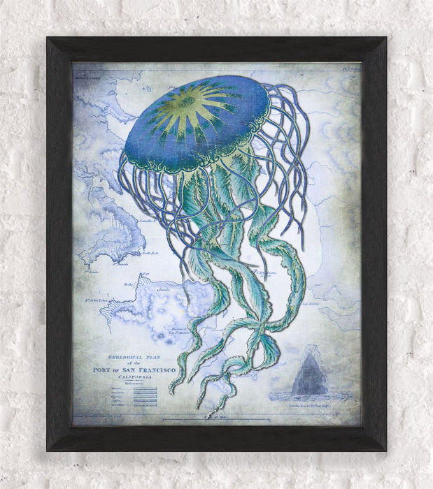 Jellyfish On image of Nautical Map, Nautical print, Coastal art