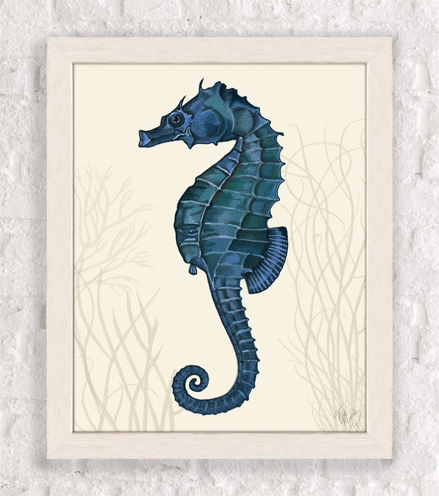 Blue Seahorse on Cream, 2, Nautical print, Coastal art