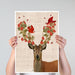 Deer and Love Birds, Art Print, Canvas Wall Art | Framed White